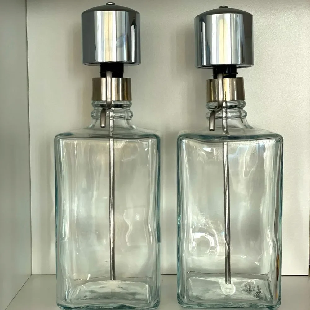 Crate & Barrel Barware Pump Top Liquor Decanters Set Of 2 Vodka & Bourbon